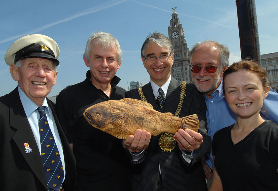 Sammy the Salmon successfully reaches the Pier Head, Liverpool to be greeted by the Lord Mayor of Liverpool. Mersey Baton Relay, June 2007.